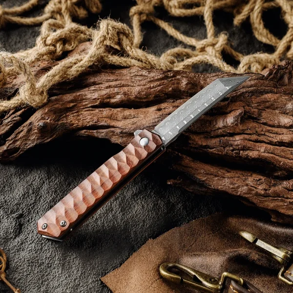 Foldekniv 9cm D2 steel Damascus Linen Handle EDC, foldekniv damascus, foldekniv