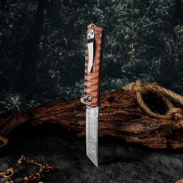 Foldekniv 9cm D2 steel Damascus Linen Handle EDC, foldekniv damascus, foldekniv