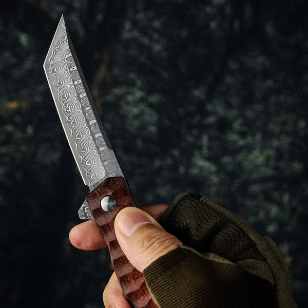 Foldekniv 9cm D2 steel Damascus Linen Handle EDC, foldekniv damascus, foldekniv