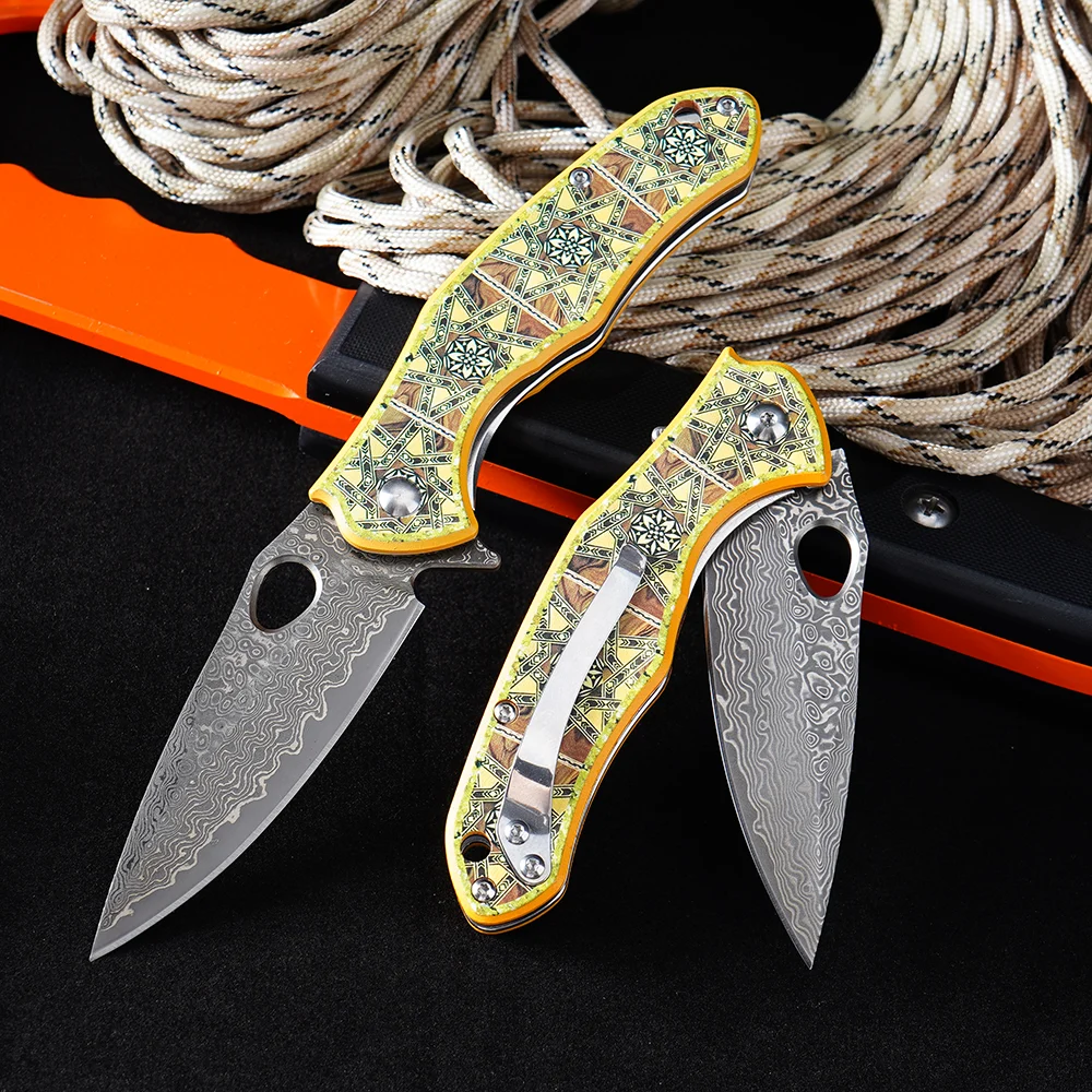 Foldekniv 8cm Damaskus 3D Yellow [GT-DM034]