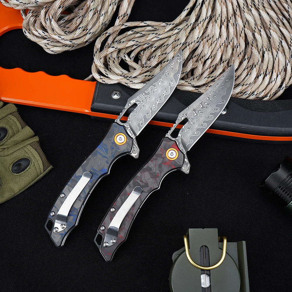 Foldekniv 8cm Damaskus Carbon Fiber Blue [GT-DM026 blue]
