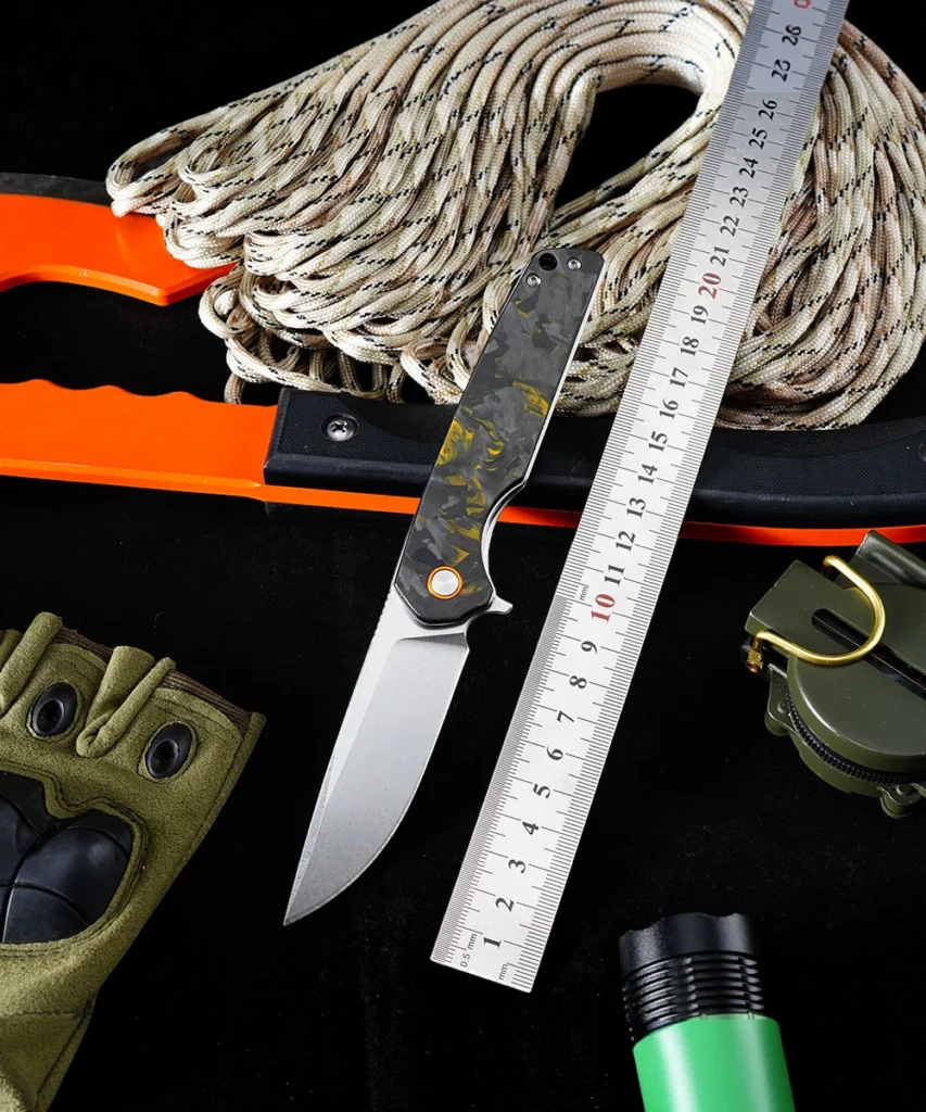 Foldekniv 9cm D2 Fiber Carbon Yellow , foldekniv, foldekniv d2, d2 steel, pocket knife, folding knife