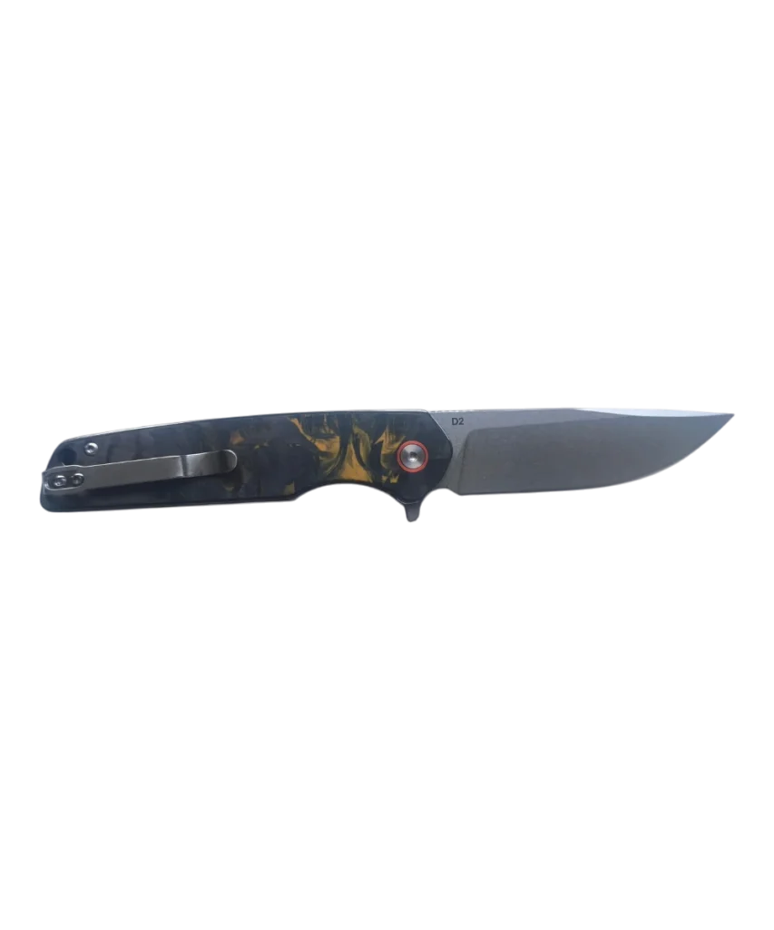Foldekniv 9cm D2 Fiber Carbon Yellow , foldekniv, foldekniv d2, d2 steel, pocket knife, folding knife